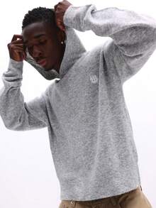 SUMWON 男士短款连帽针织衫，带前袋，休闲套头长袖连帽衫，适合秋冬季穿着，纯色 - 灰色 - 查看 6