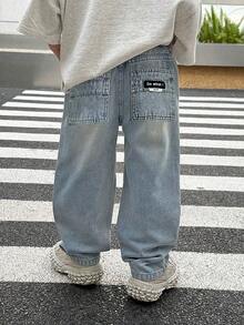 SHEIN 男童复古休闲水洗宽松蓝色牛仔裤，秋冬日常穿着，圣诞节，新年，感恩节，街头风牛仔裤