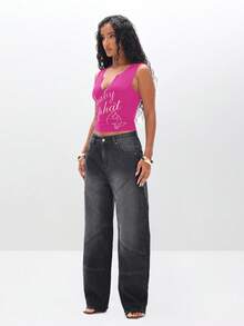 BABYPHAT Notch Neck Tank Top With Script Lettering For Casual Summer Wear - Hot Pink - View 4