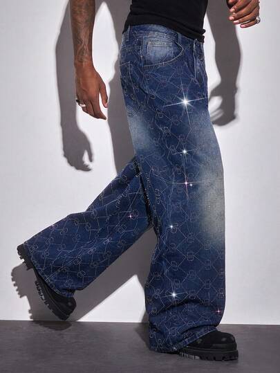 Men's Geometric Rhinestone Pocket Wide Leg Loose Casual Jeans