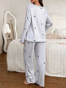 SHEIN 两件套波点蝴蝶结印花哺乳友好型圆领长袖上衣和裤子孕妇睡衣套装，秋冬季