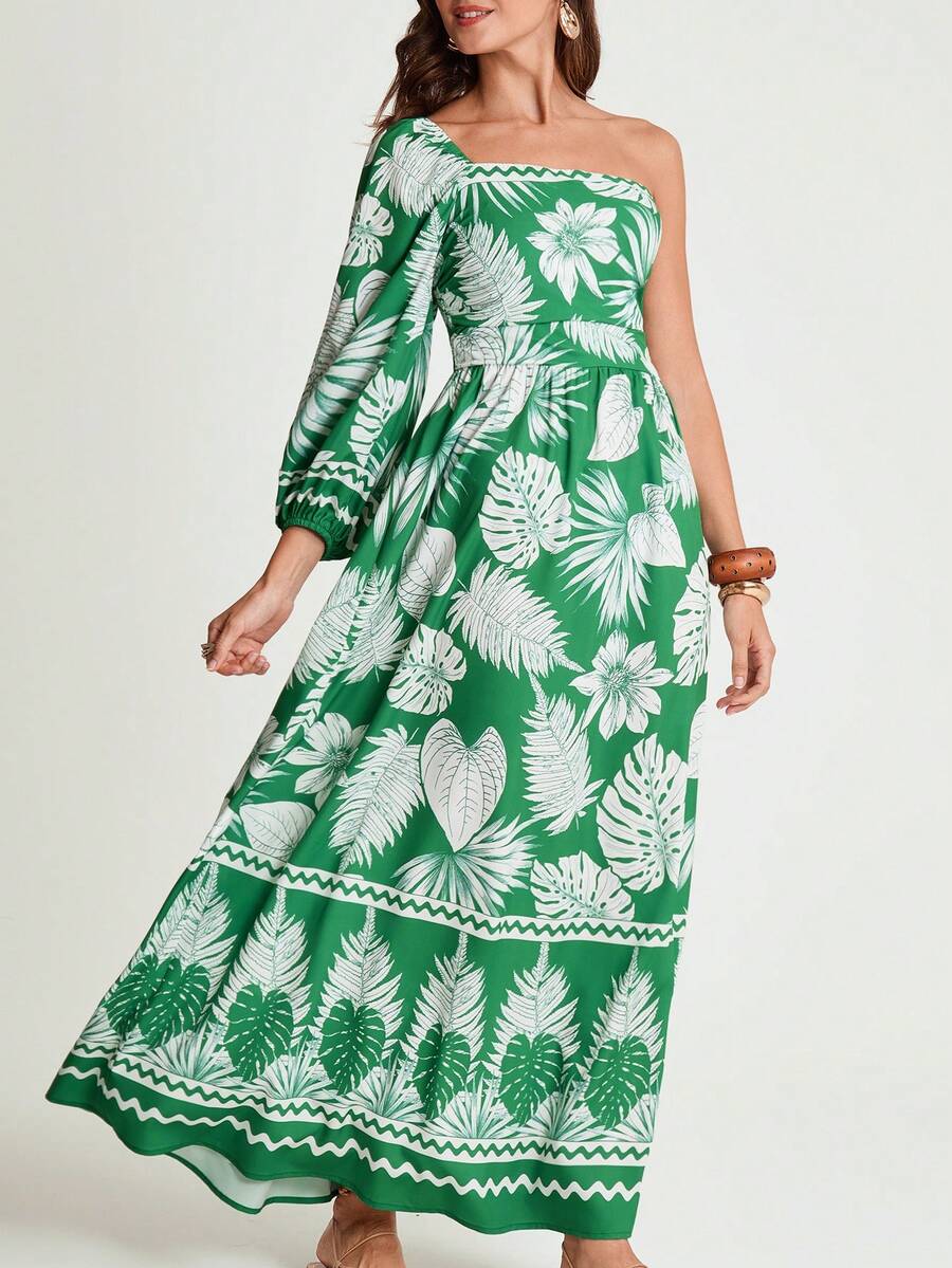 CAJUNI Women's Tropical Plant Green Floral Print Lantern Sleeve Casual Long Dress,Autumn Boho Vacation Holiday,Hawaii Green Maxi Dress,Palm Tree Dress - Green - View 1