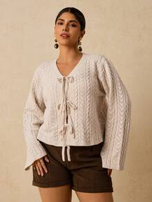 SHEIN VCAY Plus Size Women Solid Color Long Sleeve Front Tie Hollow Out Casual Knit Cardigan/Winter - Beige - View 6