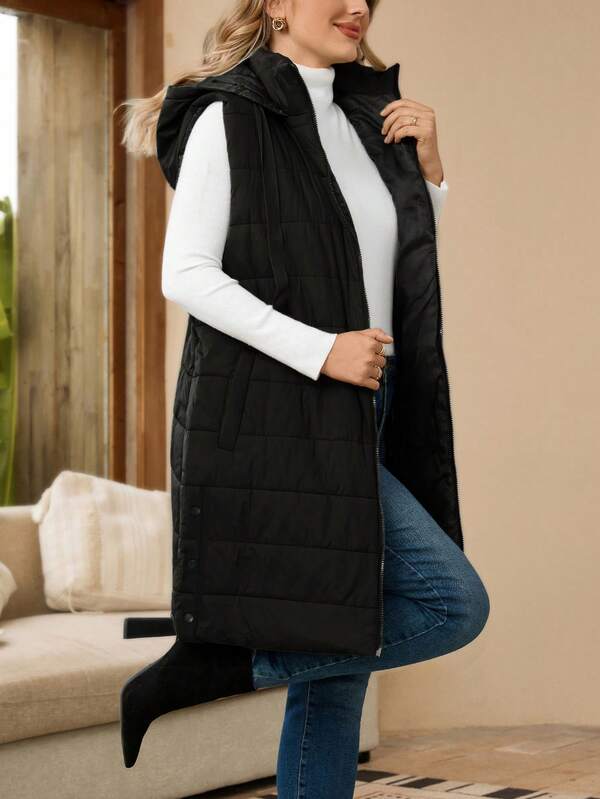 EMERY ROSE Plus Size Plain Hooded Padded Vest Jacket With Pockets, For Winter Fall Autumn