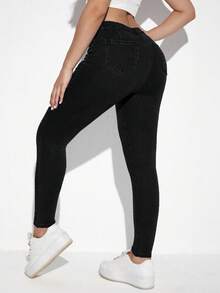 Jeanoix 大码纯色简约休闲修身黑色牛仔裤 - 黑色 - 查看 2