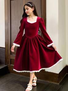 SHEIN Rochie de Crăciun cu imprimeu de ren din catifea, talie roșie, evazată, pentru fete, toamnă/iarnă - Burgundia - Vizualizare 3