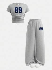 Girlism 2 件套青少年女童字母印花 T 恤和裤子，休闲日常时尚装扮，青少年两件套裤子套装，女童罗纹套装，女童裤子和上衣，喇叭裤套装，儿童女童阔腿裤套装 - 淺灰色 - 查看 9