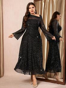 SHEIN Clasi Plus Size Elegant Black Autumn Formal Evening Shiny Pleats Party Dress For Women Christmas Party Outfit Rave Outfit - Black - View 4