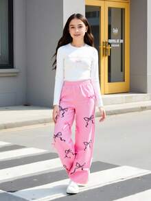 SHEIN Explorewe 2件套少女街头风T恤裤套装，立领长袖T恤带蝴蝶结和豹纹印花，裤子 - 粉色 - 查看 5
