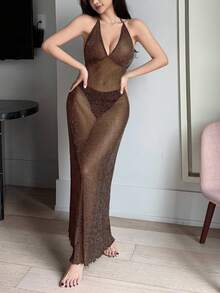 DAZY Áo ngủ gợi cảm hở lưng, cổ yếm, chất liệu lưới pha sợi bạc xuyên thấu dành cho nữ. - Cà phê nâu - Xem 5