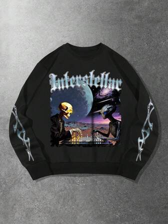 Street Life Men's Casual Loose Fit Alien Letter Print Crew Neck Long Sleeve Sweatshirt