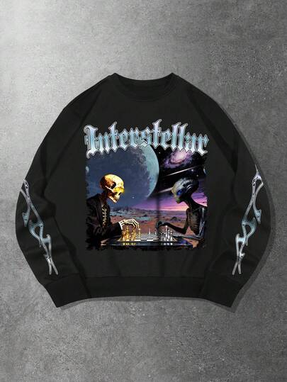 Street Life Men's Casual Loose Fit Alien Letter Print Crew Neck Long Sleeve Sweatshirt