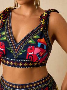 Travachic Plus Size Tropical Print Halter Bikini Set, Bohemian Style Beach Vacation Swimwear - Multicolor - View 7