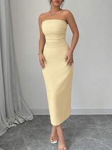 Elenzga 女士优雅纯色纹理面料抹胸修身连衣裙，秋季女士长款套装 - 卡其色 - 查看 6