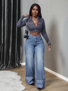 SHEIN PETITE Women's Mid-Rise Straight Loose Fit Casual Jeans - Blue - View 4