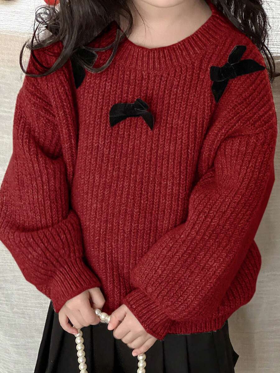 Dazy Kids 女童蝴蝶结装饰落肩长袖休闲宽松针织衫,秋冬款 - 粉色 - 查看 1