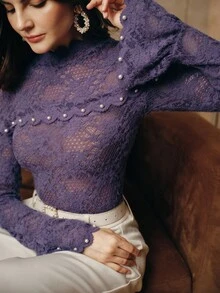 Anewsta New Elegant Fashion Date Night Holiday Outing Sexy Brushed Lace Puff Sleeve Base Layer T-Shirt, Autumn/Winter - Purple - View 1