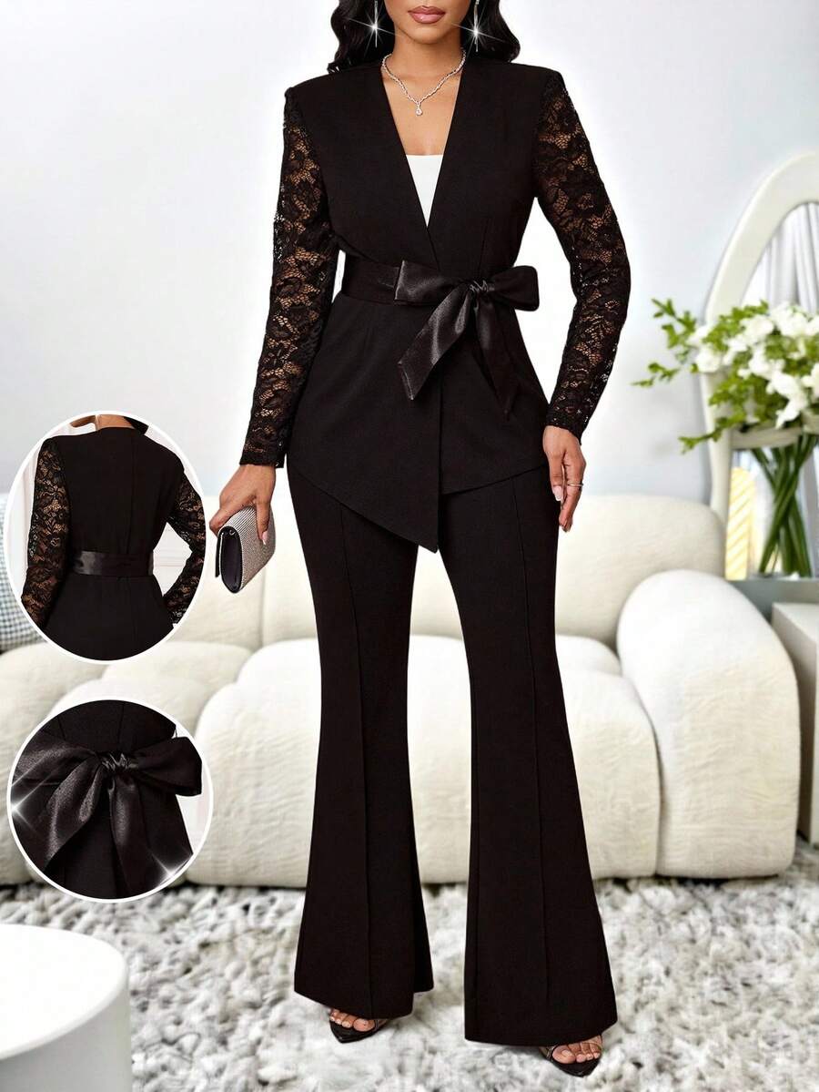 SHEIN Lady 女式撞色蕾丝长袖夹克和喇叭裤优雅套装 - 黑色 - 查看 1