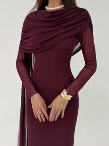 Aloruh Women's Elegant Ruffle Long Sleeve Bodycon Dress, Autumn Burgundy - Purple - View 1
