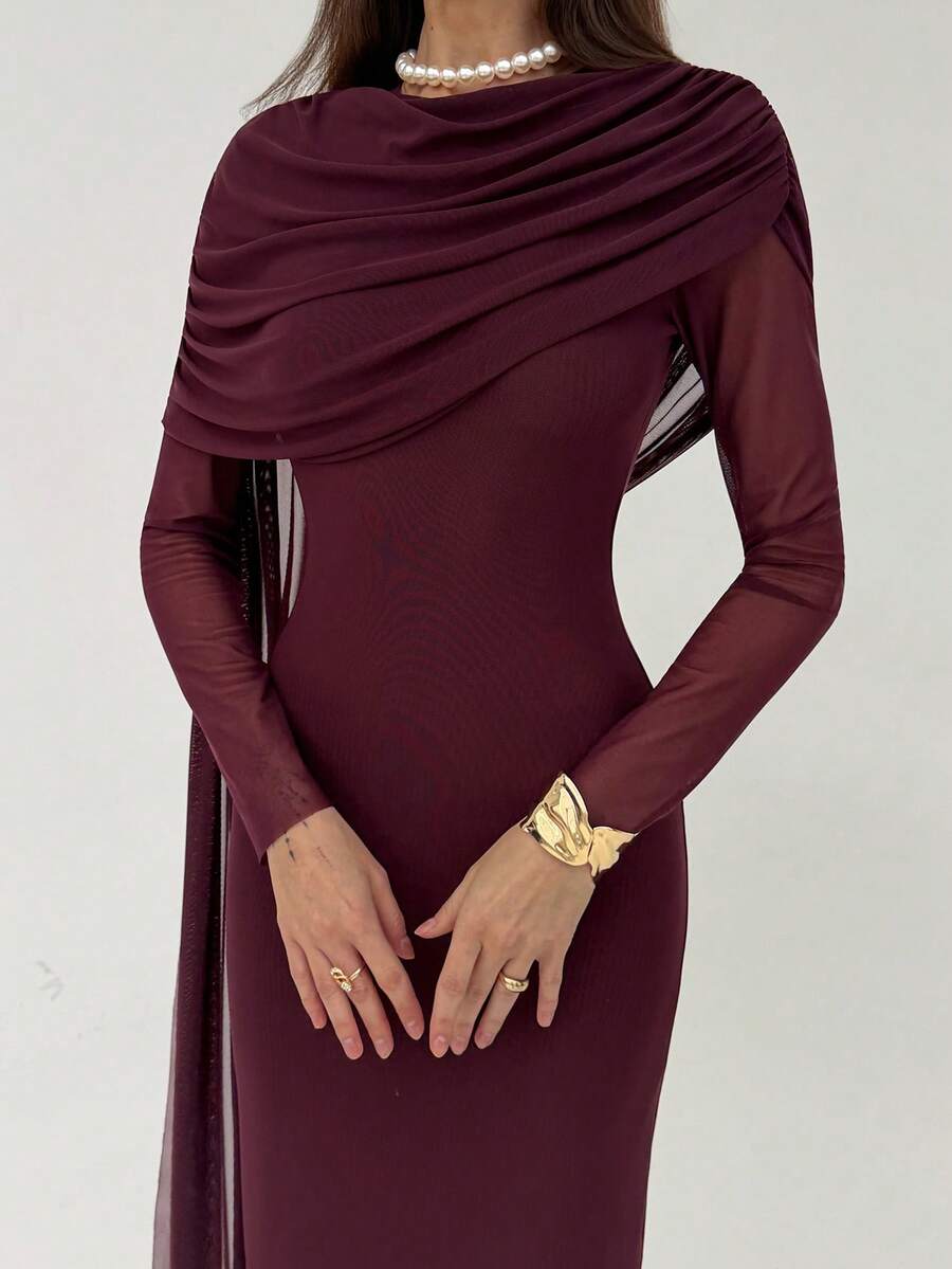 Aloruh Women's Elegant Ruffle Long Sleeve Bodycon Dress, Autumn Burgundy - Purple - View 1