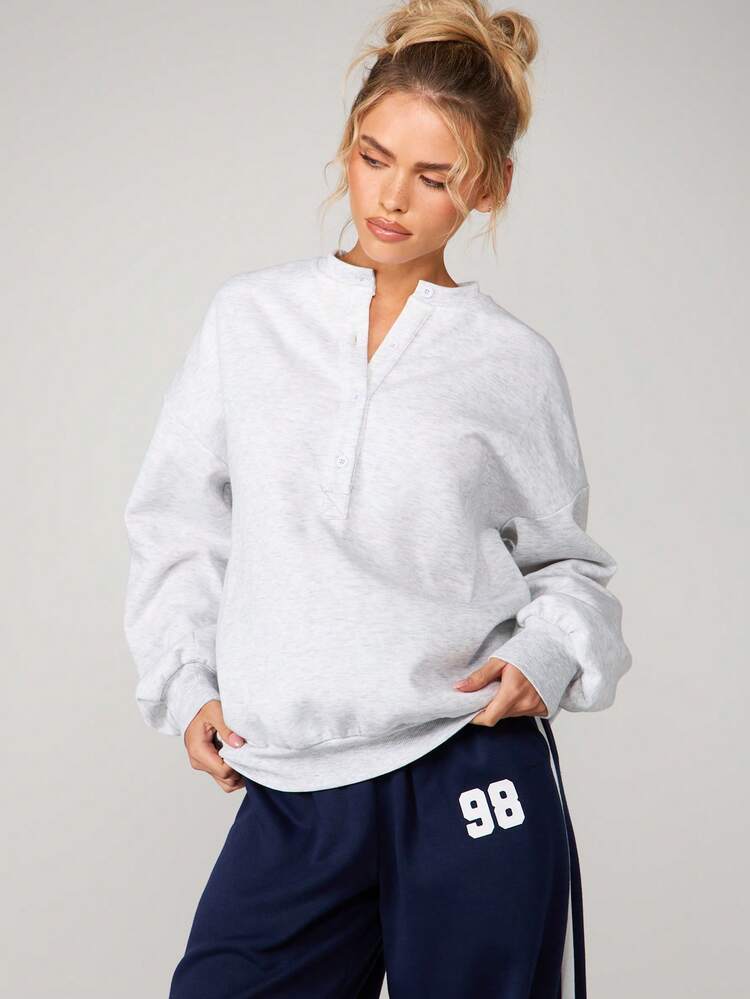 MISSGUIDED Women's Oversized Button Placket Detail Sweatshirt Casual Crew Neck Long Sleeve Pullover Top