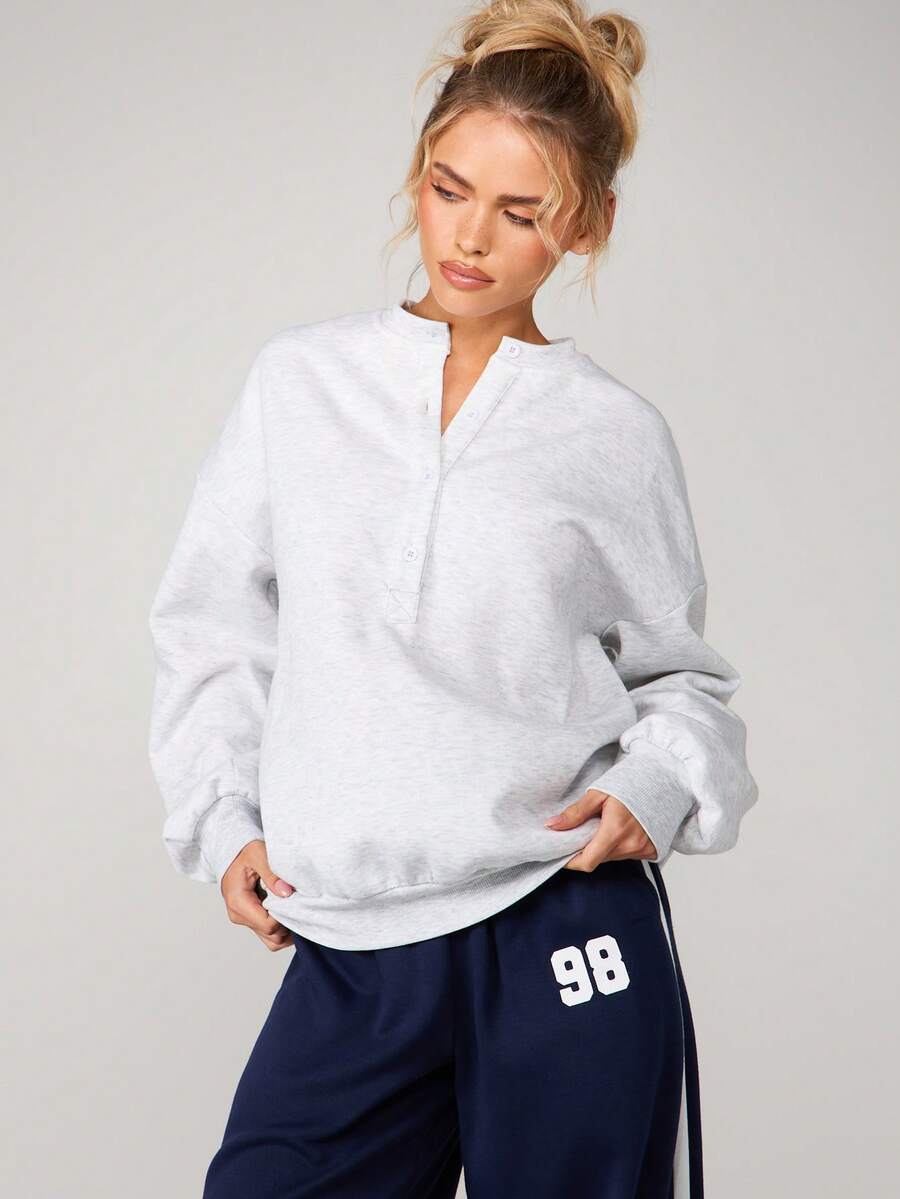 MISSGUIDED Sudadera holgada de mujer con detalle de cartera con botones, cuello redondo, manga larga, parte superior informal