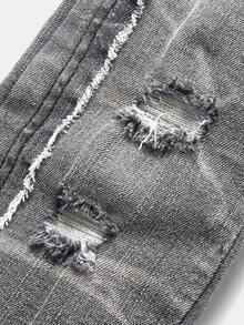 SHEIN Young Boy Vintage Urban Street Distressed Ripped Frayed Raw Edge Splicing High Elastic Grey Denim Jeans, Fall Winter,Casual And Versatile For Boys Fall/Winter Dailywear And Streetwear,Christmas, New Year,Thanksgiving,Stylish,Graduation - Grey - View 3