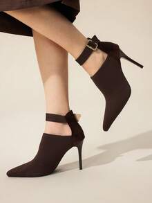 CUCCOO BASICS Damen Mode Kaffeefarbe Knöchelriemen Strickstoff Spitzschuh Stiletto Absatz Knöchel Stiefel, sexy für Dates, Partys, festliche Anlässe zu Weihnachten - Kaffeebraun - Übersicht 2