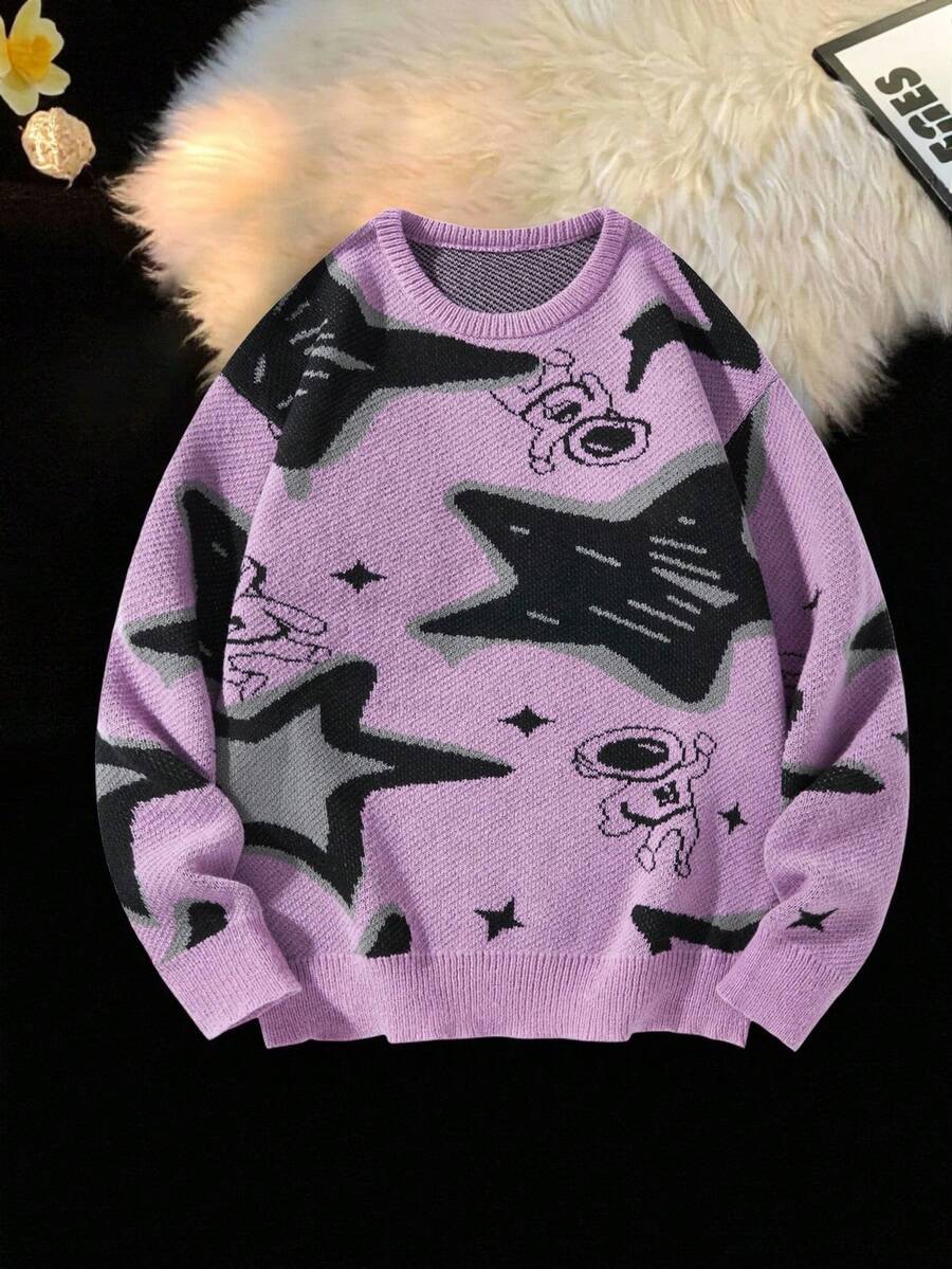 Manfinity Roghcode Men's Casual Pentagram Pattern Crew Neck Long Sleeve Sweater, Autumn/Winter - Purple - View 1
