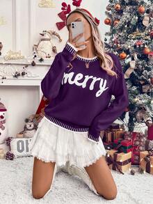 LanaWest Suéter de punto con estampado de fuente navideña para ropa de Año Nuevo de mujer - Morado - Ver 4