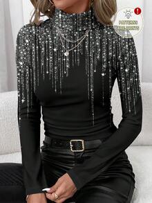 SHEIN Clasi 休闲简约女式闪亮星星优雅浪漫印花图案高领打底T恤，适合秋冬季节，百搭，可搭配出席派对、居家穿着，圣诞节时尚单品 - 彩色 - 查看 1