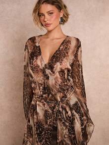 Glamine Sexy Leoparden-Muster Tiefer V-Ausschnitt Langarm Asymmetrischer Saum Lange Bluse für Frauen Herbst Herbst Süß Land Western Nacht Klub Sexy Y2k Sync Winter Party Elegant Sexy Ausgehen Herbst Herbst Nacht Dating Nacht Weihnachten Thanksgiving Elegant Havanna Nächte Braune Lange Bluse Top - Verschiedenfarbig - Übersicht 7