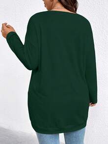 EMERY ROSE Plus Size Casual Solid Color Double Pocket T-Shirt, Versatile For Autumn - Green - View 2