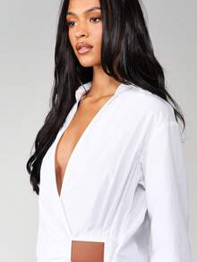 MISSGUIDED 圣诞节长袖裹身式衬衫，配腰带，府绸衬衫，适合办公室休闲穿着 - 白色 - 查看 6