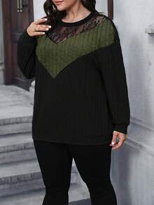Calvaya Plus Size Autumn Fashion Color Block Contrast Lace Sweatshirt - Multicolor - View 3