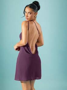 Hauture Solid Chiffon One Shoulder Draped Open Back Mini Dress - Red Violet - View 1