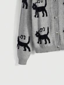 ROMWE Kawaii 黑猫与音符提花针织开衫 - 灰色 - 查看 4