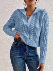 SHEIN Cottnline Women's Autumn Cable Pattern Raglan Sleeve Zip-Up Casual Loose Pullover Sweater - Baby Blue - View 6