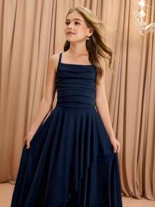 Tween Girls' Elegant Fashion Luxurious Spaghetti Strap Criss-Cross Shoulder Sleeveless High Waist Cinched Waist Flared Hem Long Asymmetrical Hem Design Solid Satin Shiny Fabric High-End Christmas, Graduation, Party, Halloween Event Dress - Navy Blue - View 5