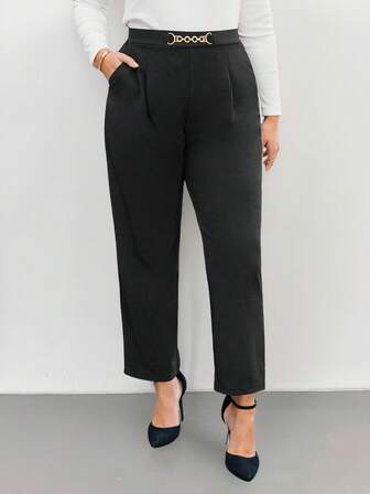 SHEIN Privé 大码女式腰链装饰褶皱口袋优雅长裤