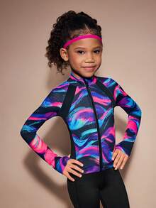 SHEIN Young Girls Printed Sports Jacket, Vibrant Multi-Color Knit Pattern Long Sleeve High-Elastic Gym Top, Fashionable Autumn Outdoor Activewear Coat - Multicolor - View 5