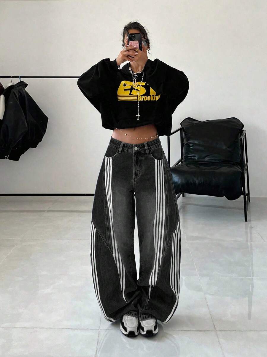 StreetHx 女士口袋条纹阔腿宽松休闲牛仔裤 - 黑色 - 查看 1