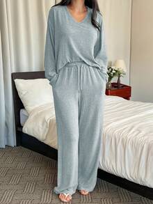 DAZY 女士简约抓绒针织宽松长袖上衣和裤子睡衣套装（2件套），秋冬季 - 藍色 - 查看 5