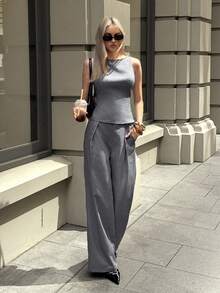 Aloruh 女士秋冬新款套装，时尚通勤优雅办公装，灰色碎花无袖马甲+阔腿西装裤 - 灰色 - 查看 8