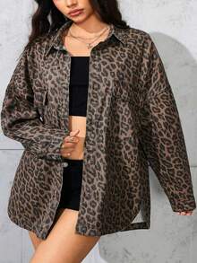 SHEIN ICON 秋季大码时尚豹纹牛仔夹克 - 彩色 - 查看 7