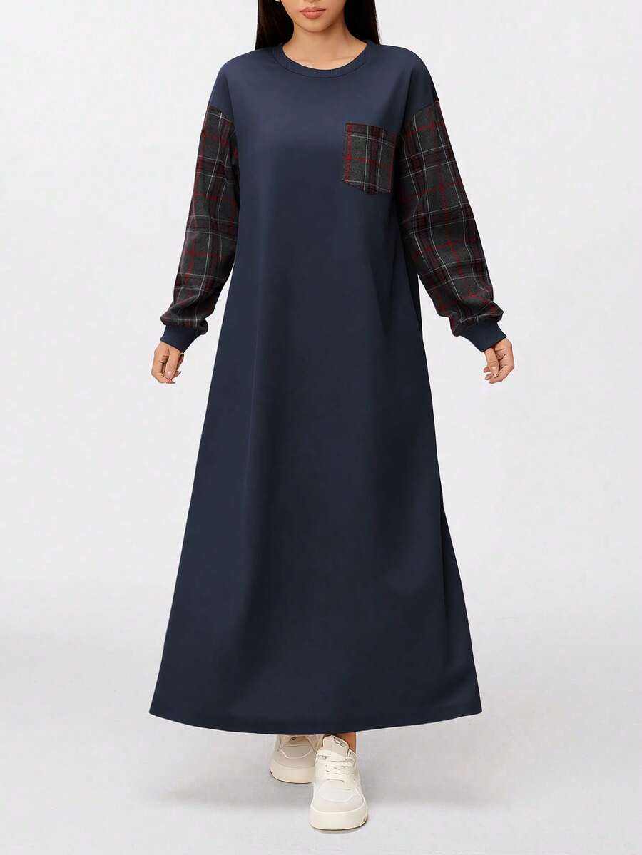 Modelyn 女士格子拼接圆领落肩长袖休闲口袋卫衣裙 - 藏蓝色 - 查看 1