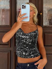 MainGRL Women's New Sparkling Sequin Plunging Neck Backless Camisole For Party, Sparkle Top - Silver - View 3