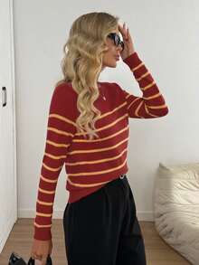 Easowa 女式黑白条纹长袖毛衣，适合返校季、学院风、秋冬季 - 酒紅色 - 查看 4