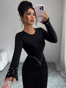 SHEIN Elenzya 女士法式拼接长袖串珠收腰优雅黑色连衣裙，秋冬款 - 黑色 - 查看 3