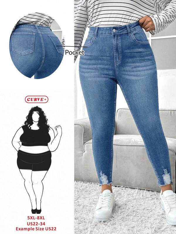 SHEIN CURVE+ Plus Size Autumn Casual Washed Distressed Slant Pocket Skinny Jeans, Christmas Denim,Christmas,New Year ,New Year Clothes,Stretch Skinny Jeans,Light Wash Denim Jeans,Ripped Jeans,High Waist Skinny Jeans,Slim Fit Denim,Casual Work Denim,Plus Size Stretch Denim,Skinny Fit Jeans,Blue Ripped Jeans,Elastic Slim Denim,Christmas Denim Outfits,New Year's Eve Denim,New Year New Denim,Winter Denim Jeans,Casual Denim Jeans,Work Denim Pants,Fashion Ripped Jeans,Street Style Denim,High Waist Denim Jeans,Fashion Ripped Jeans,Slimming High Waist Jeans,Plus Size Stretch Skinny Jeans – Light Wash, Ripped Hem Design,Christmas Denim Outfit – Slim Fit Stretch Jeans